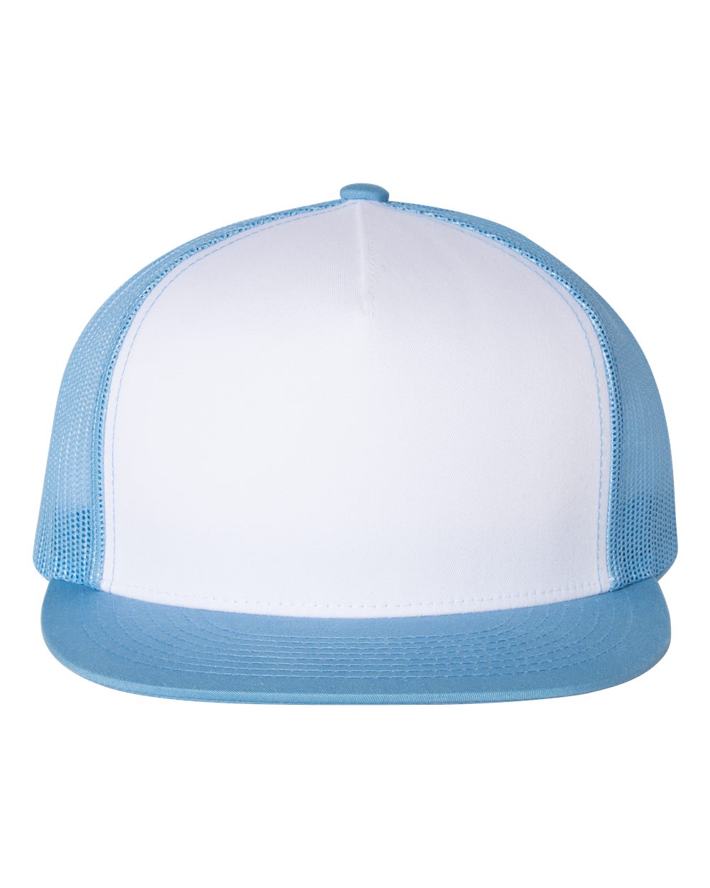 Front View of Carolina Blue/ White/ Caroline Blue Five-Panel Classic Trucker Cap - 6006