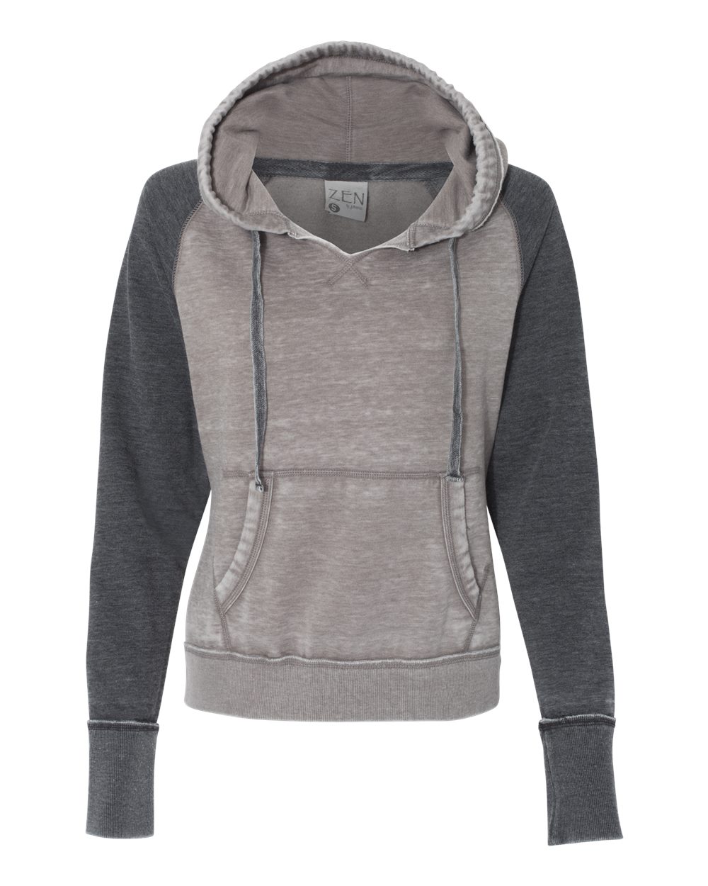 Front View of Cement/ Dark Smoke Women's Zen Fleece Raglan Hooded Sweatshirt - 8926