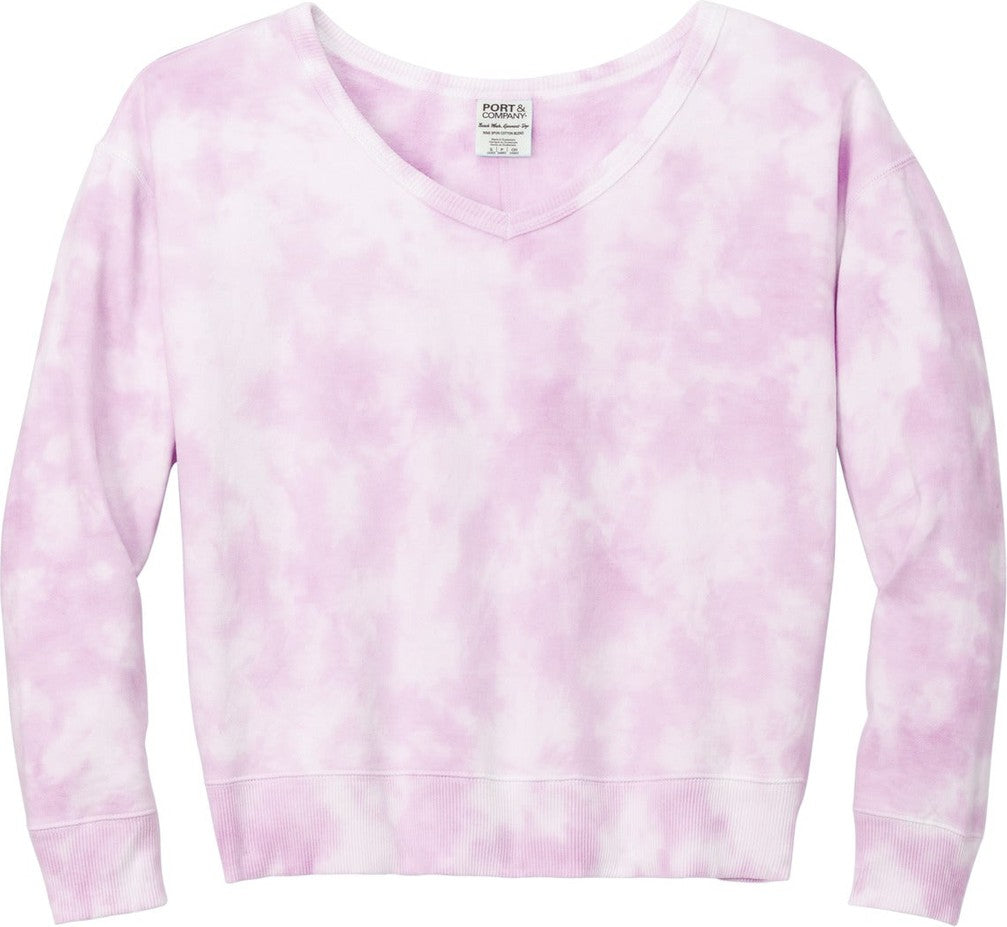 Front View of CerisePink Port & Co Women's Beach Wash Cloud Tie-Dye V-Neck Sweatshirt LPC140V