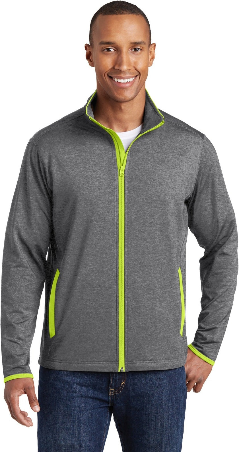 Front View of CGH/Charge Grn Sport-Tek Sport-Wick Stretch Contrast Full-Zip Jacket. ST853