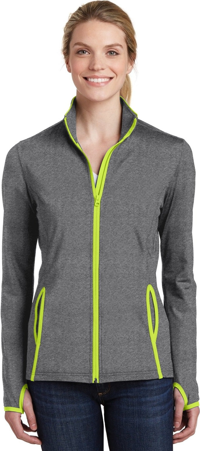 Front View of CGH/Charge Grn Sport-Tek Women's Sport-Wick Stretch Contrast Full-Zip Jacket. LST853