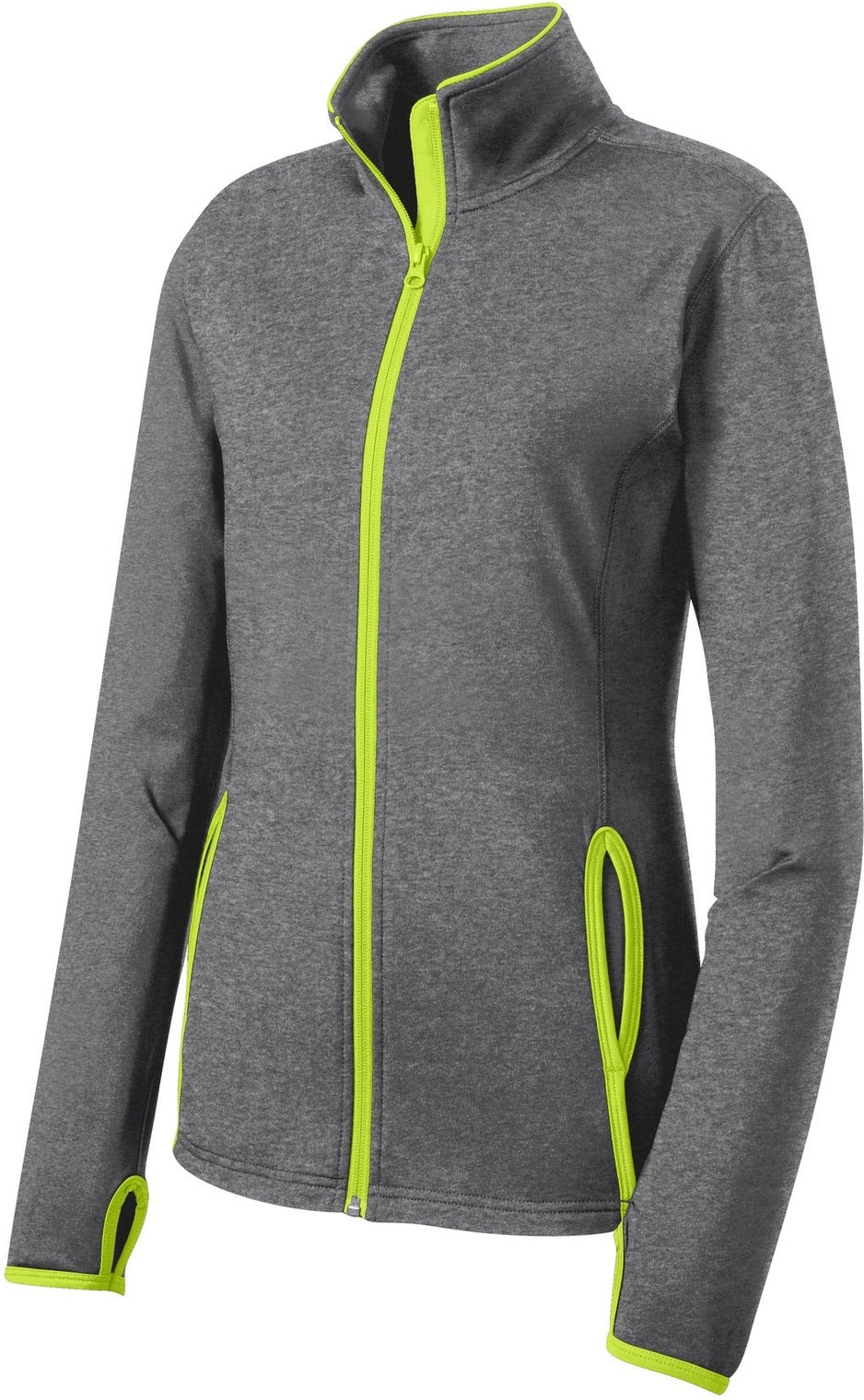 Front View of CGH/Charge Grn Sport-Tek Women's Sport-Wick Stretch Contrast Full-Zip Jacket. LST853