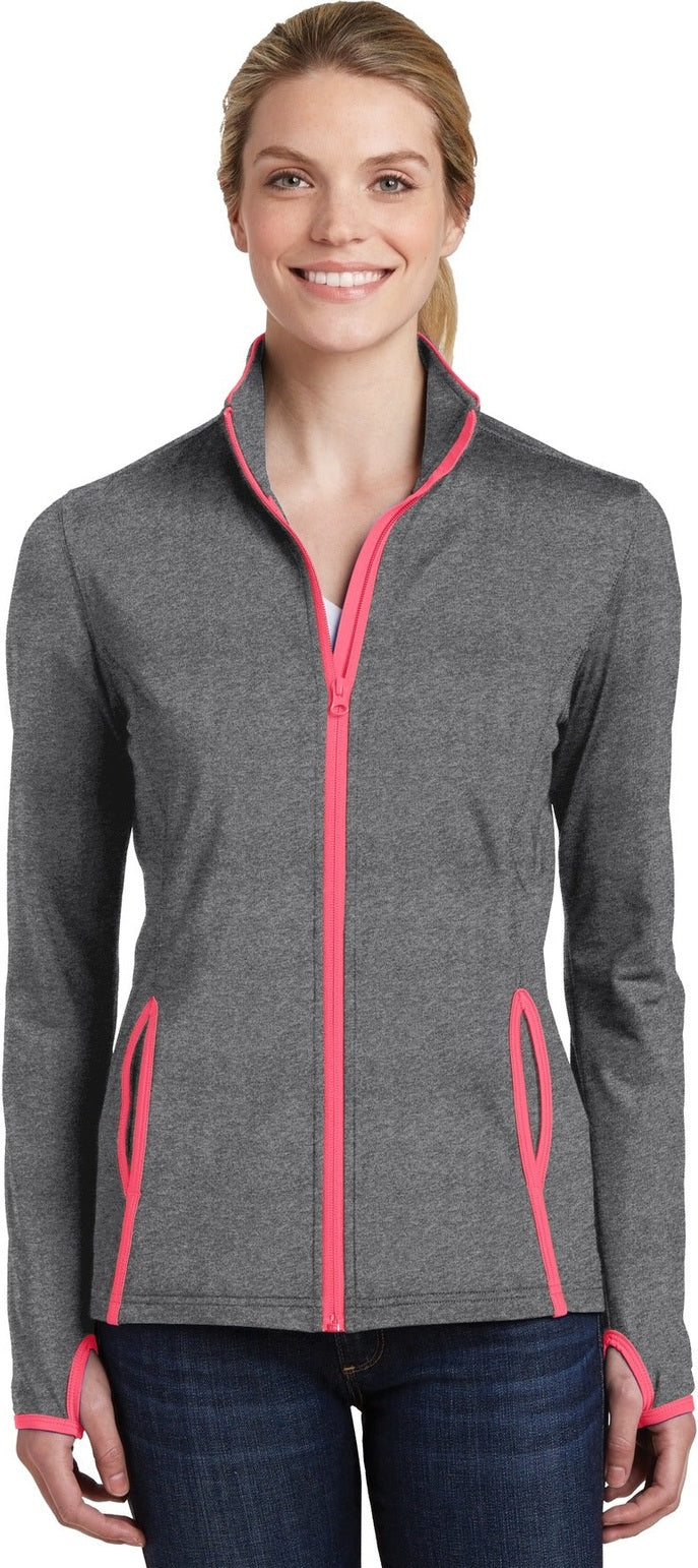 Front View of CGH/Hot Coral Sport-Tek Women's Sport-Wick Stretch Contrast Full-Zip Jacket. LST853