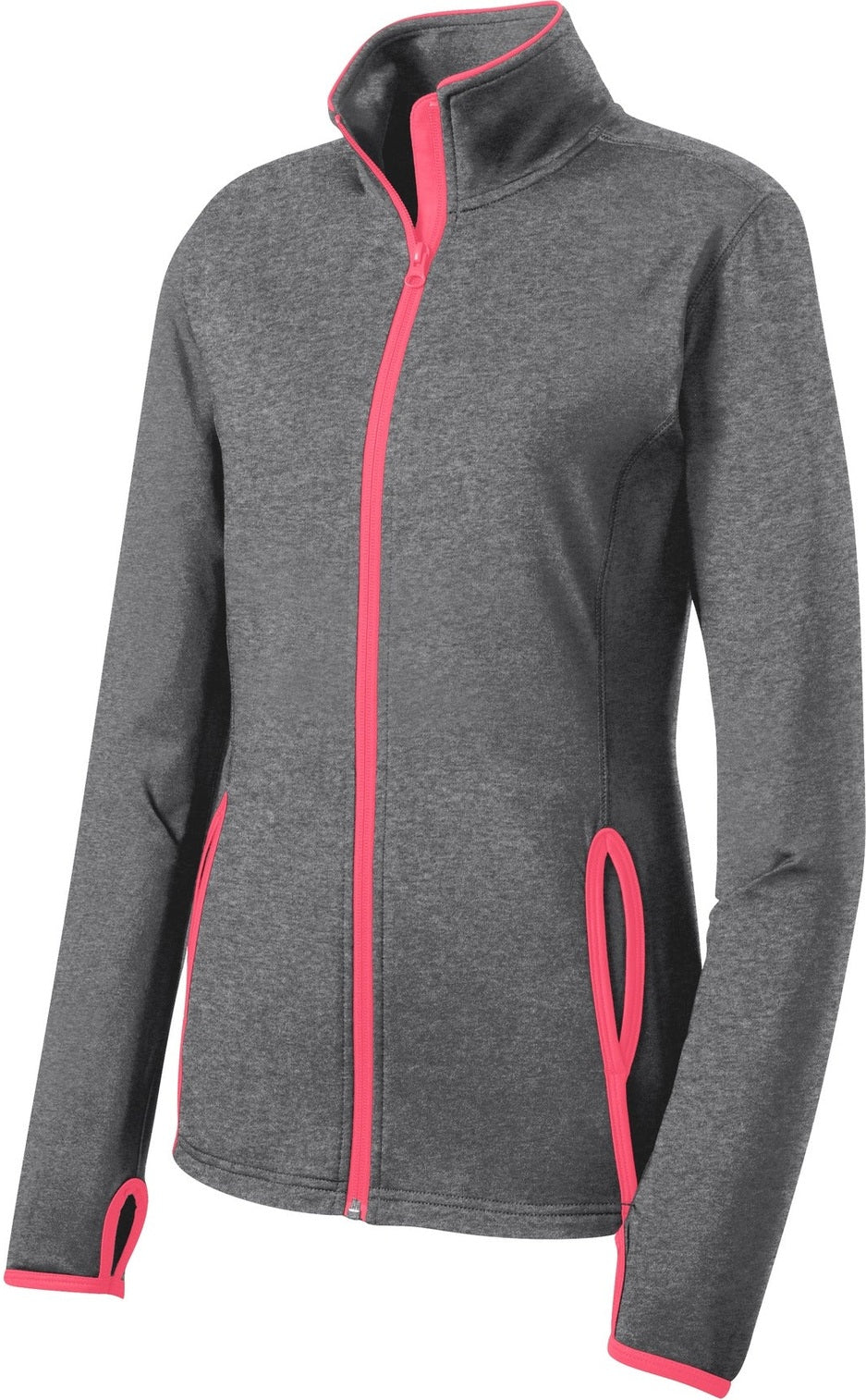 Front View of CGH/Hot Coral Sport-Tek Women's Sport-Wick Stretch Contrast Full-Zip Jacket. LST853