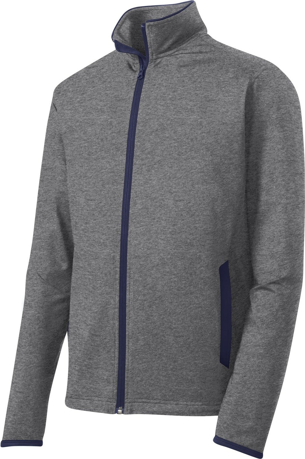 Front View of CGH/True Navy Sport-Tek Sport-Wick Stretch Contrast Full-Zip Jacket. ST853