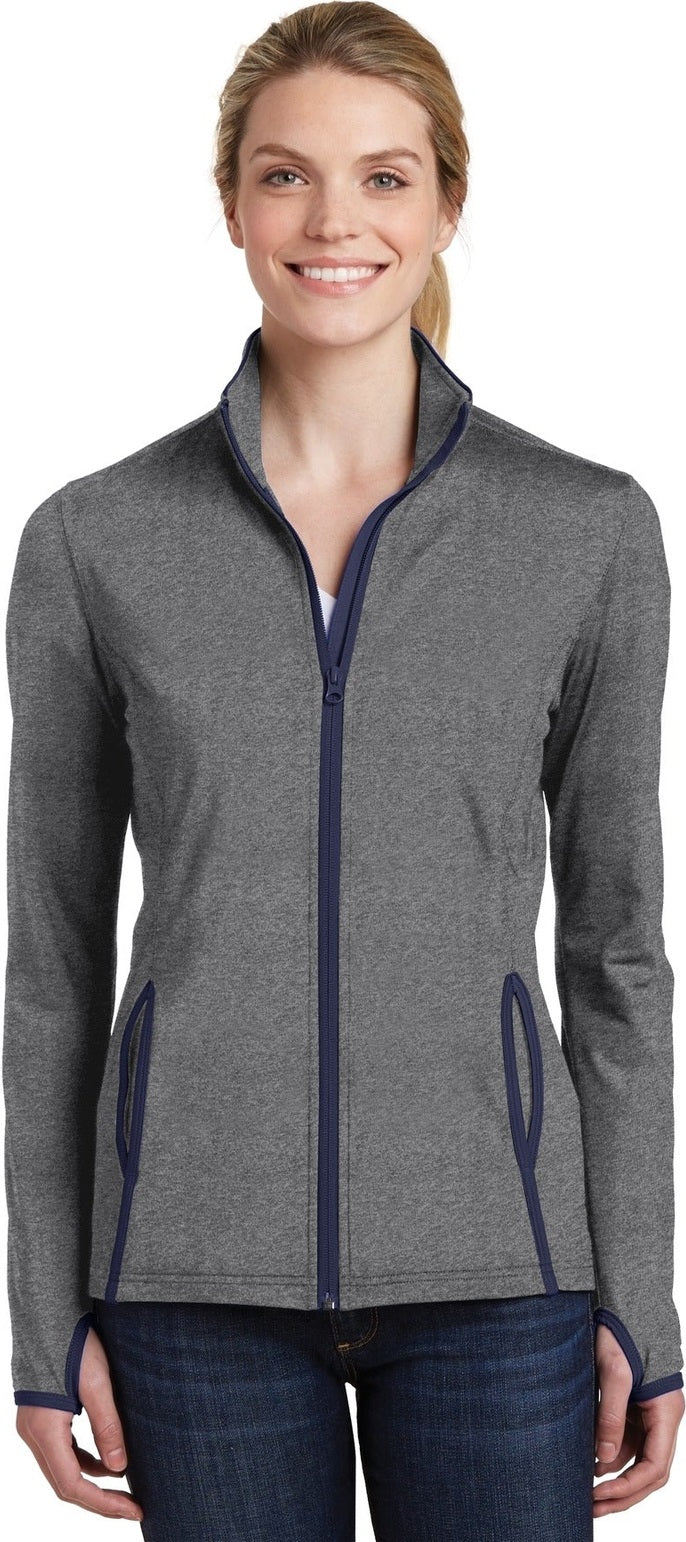 Front View of CGH/True Navy Sport-Tek Women's Sport-Wick Stretch Contrast Full-Zip Jacket. LST853