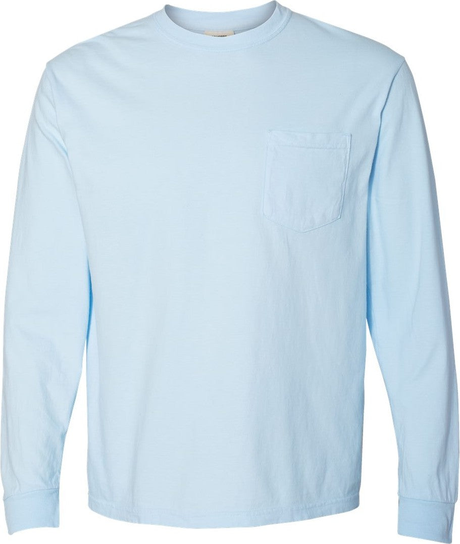Front View of Chambray Garment-Dyed Heavyweight Long Sleeve Pocket T-Shirt - 4410