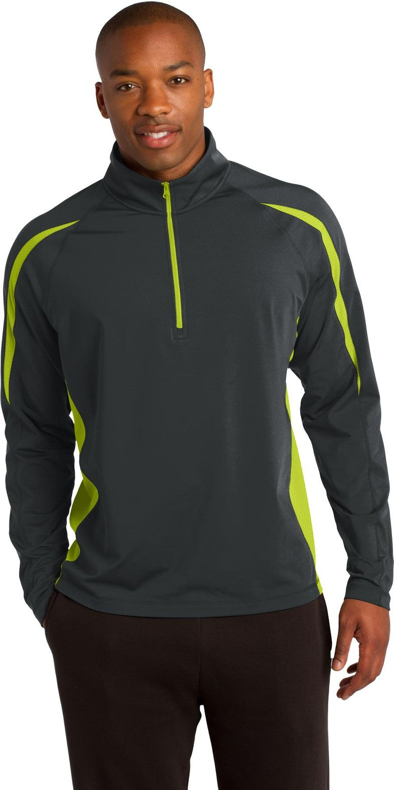 Front View of Char Gry/Green Sport-Tek Sport-Wick Stretch 1/4-Zip Colorblock Pullover. ST851