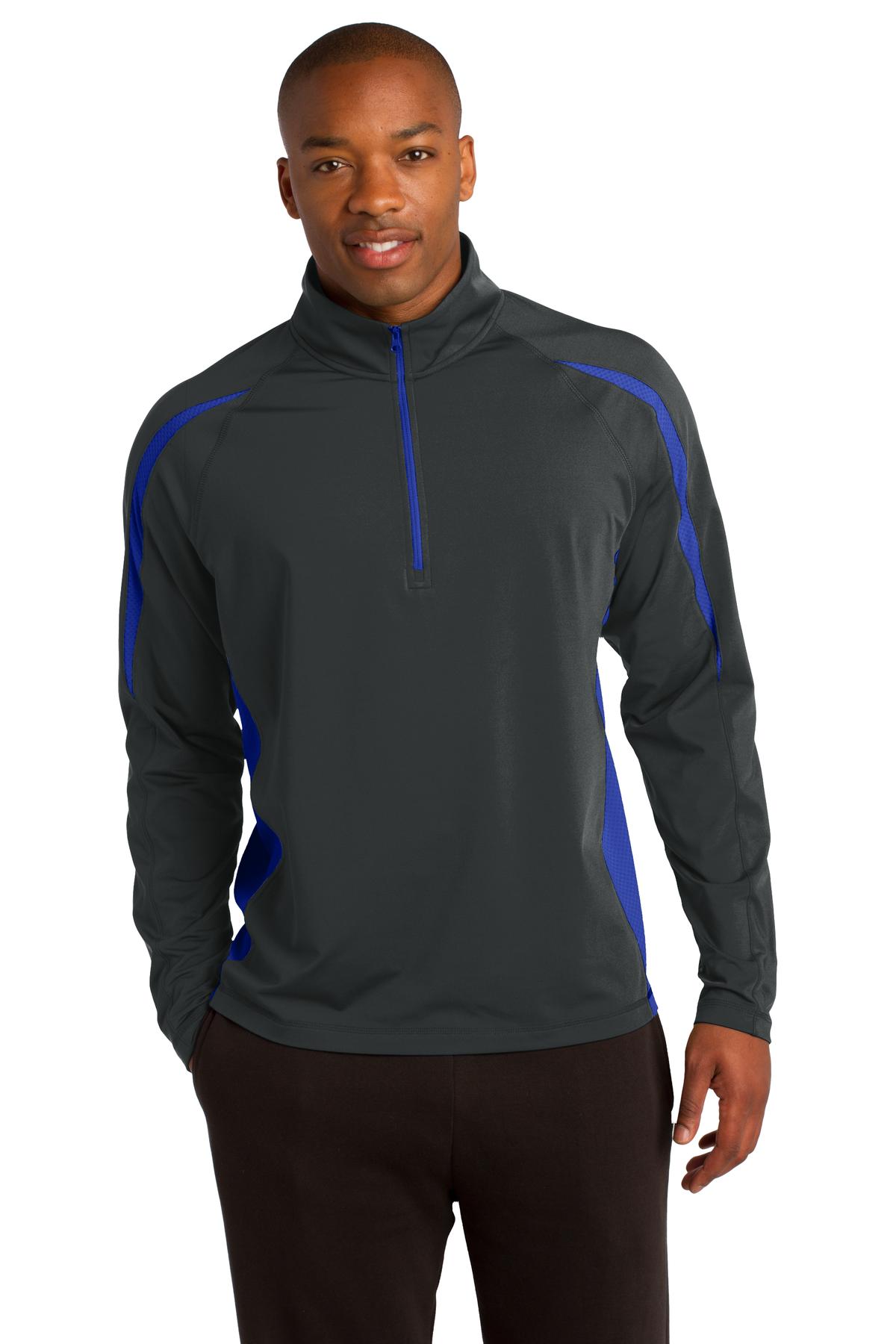 Front View of Char Gry/TrRyl Sport-Tek Sport-Wick Stretch 1/4-Zip Colorblock Pullover. ST851