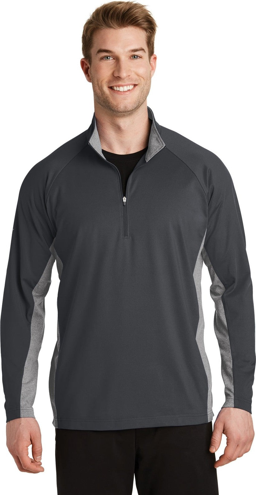 Front View of Char Gy/Ch GyH Sport-Tek Sport-Wick Stretch Contrast 1/4-Zip Pullover. ST854
