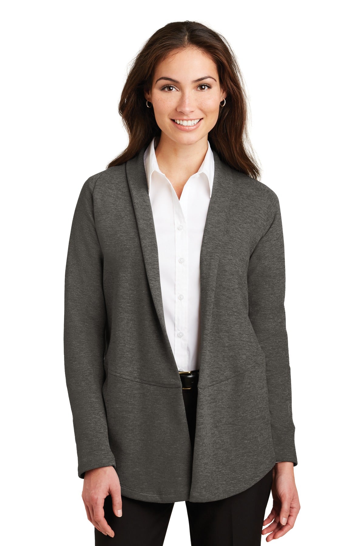 Front View of Char He/MH Gry Port Authority Women's Interlock Cardigan. L807