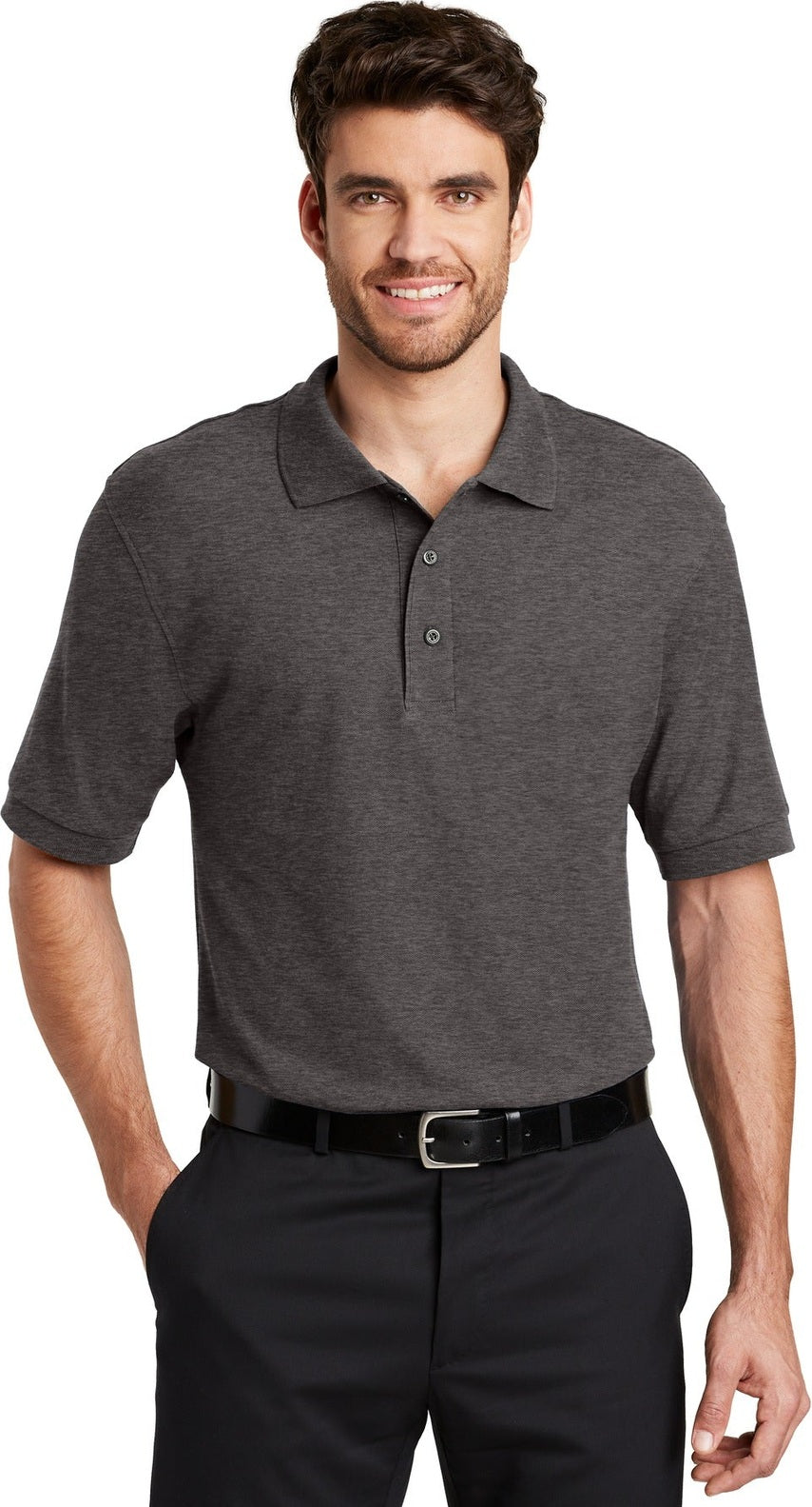 Front View of Char Hthr Grey Port Authority Silk Touch Polo K500
