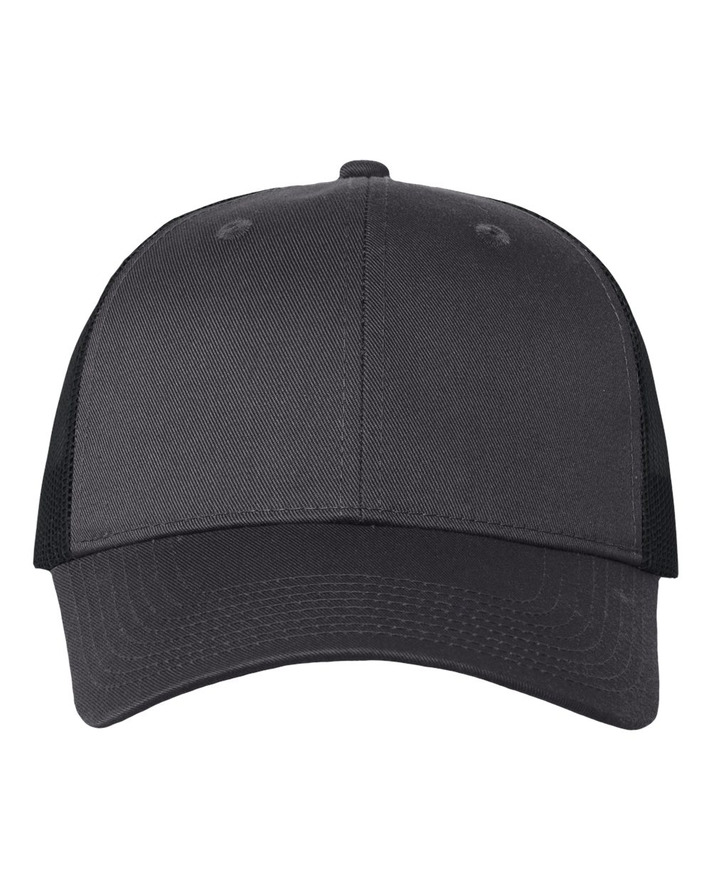 Front View of Charcoal/ Black Mesh-Back Twill Trucker Cap - VC400