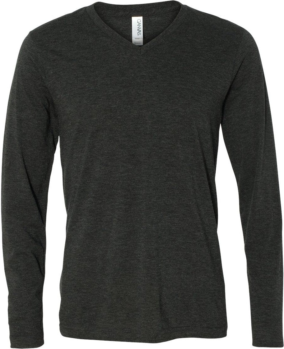 Front View of Charcoal Black Triblend Long Sleeve V-Neck Tee - 3425