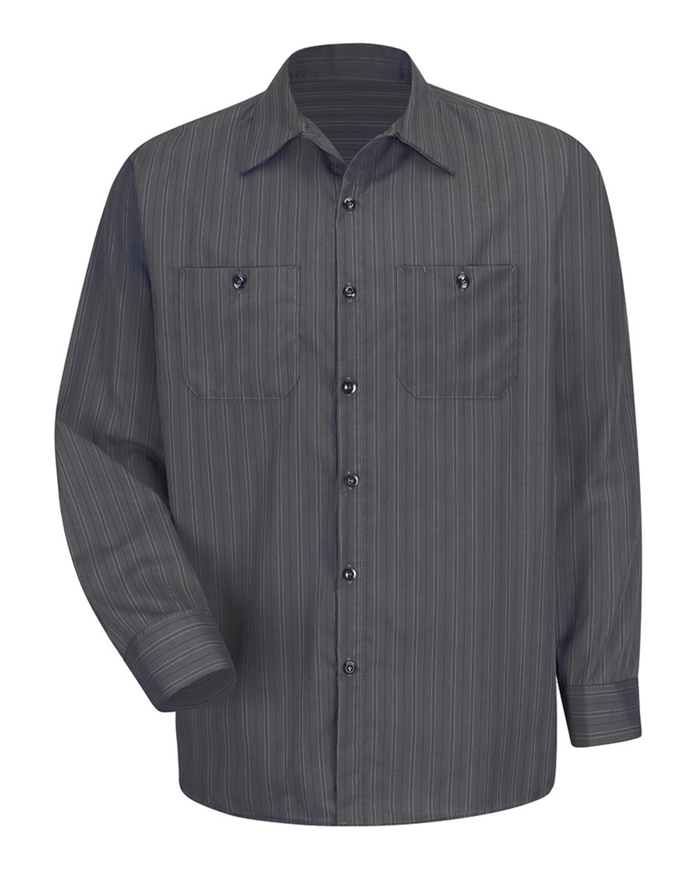 Front View of Charcoal/ Blue/ White Stripe Premium Long Sleeve Work Shirt - Tall Sizes - SP10T