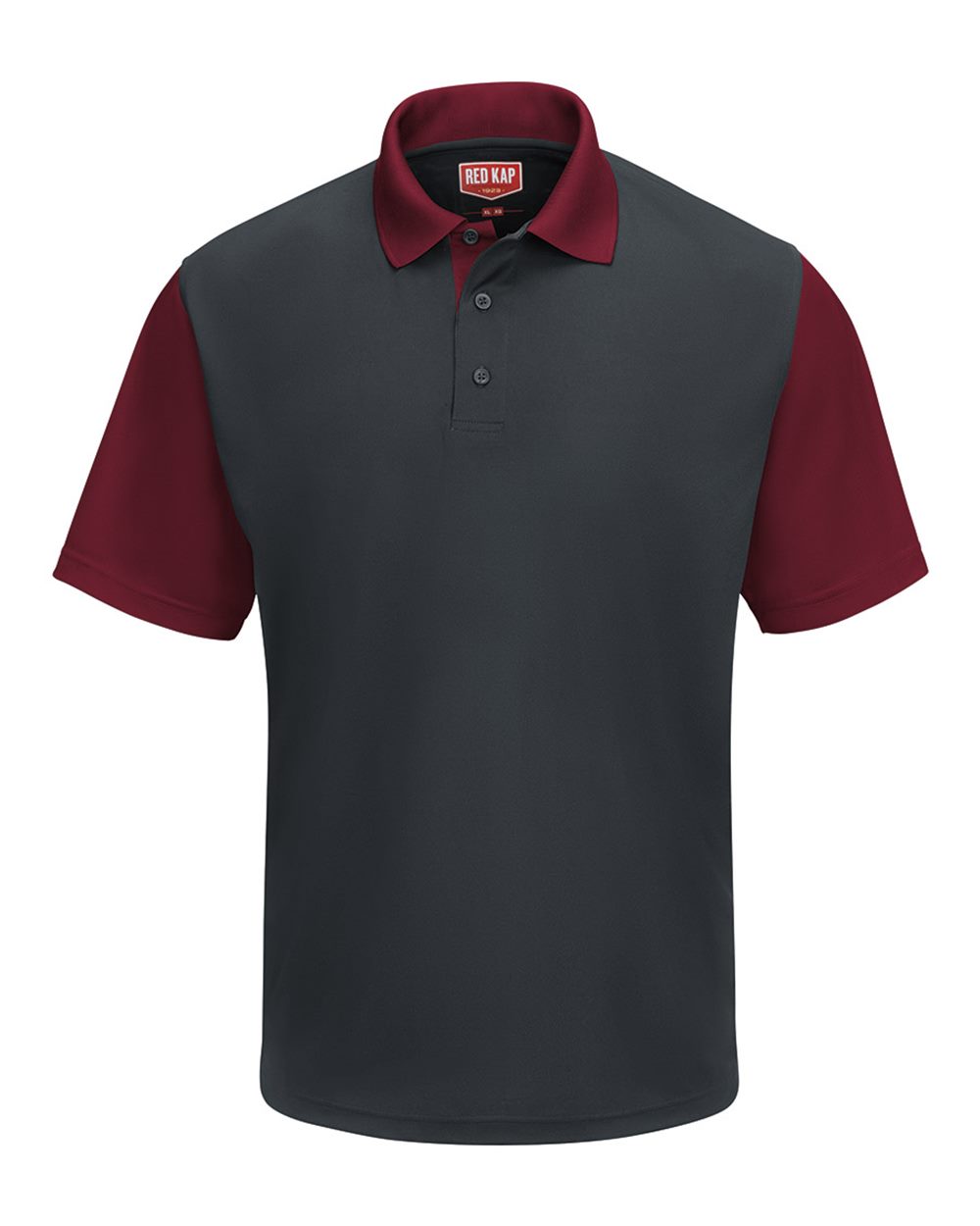 Front View of Charcoal/ Burgundy Short Sleeve Performance Knit Color-Block Polo - SK56