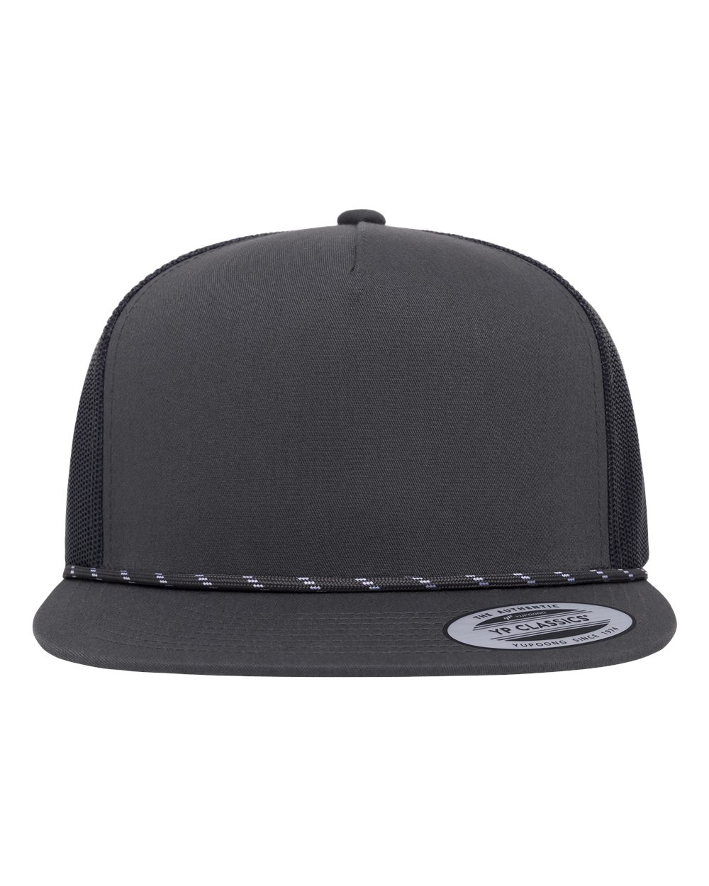 Front View of Charcoal Classic Five-Panel Trucker Rope Cap - 6006BD