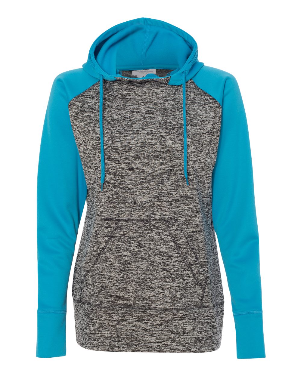 Front View of Charcoal Fleck/ Electric Blue Women’s Colorblocked Cosmic Fleece Hooded Sweatshirt - 8618