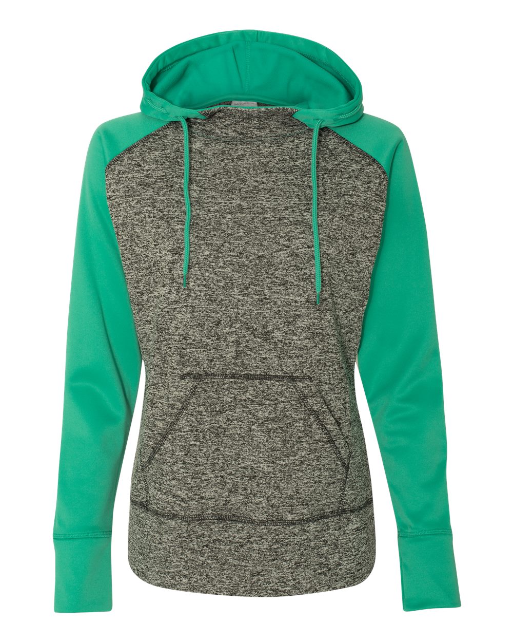 Front View of Charcoal Fleck/ Emerald Women’s Colorblocked Cosmic Fleece Hooded Sweatshirt - 8618