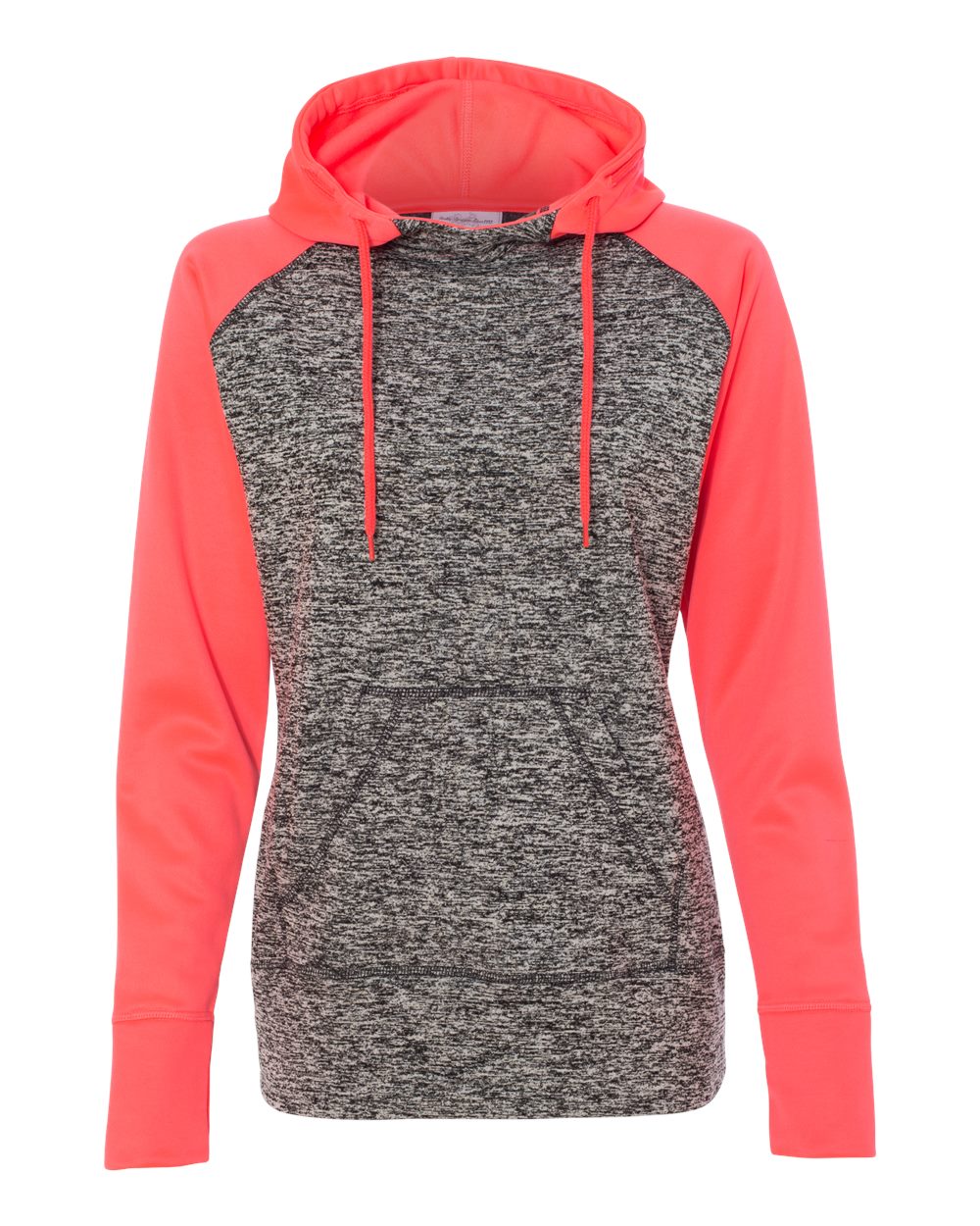 Front View of Charcoal Fleck/ Fire Coral Women’s Colorblocked Cosmic Fleece Hooded Sweatshirt - 8618
