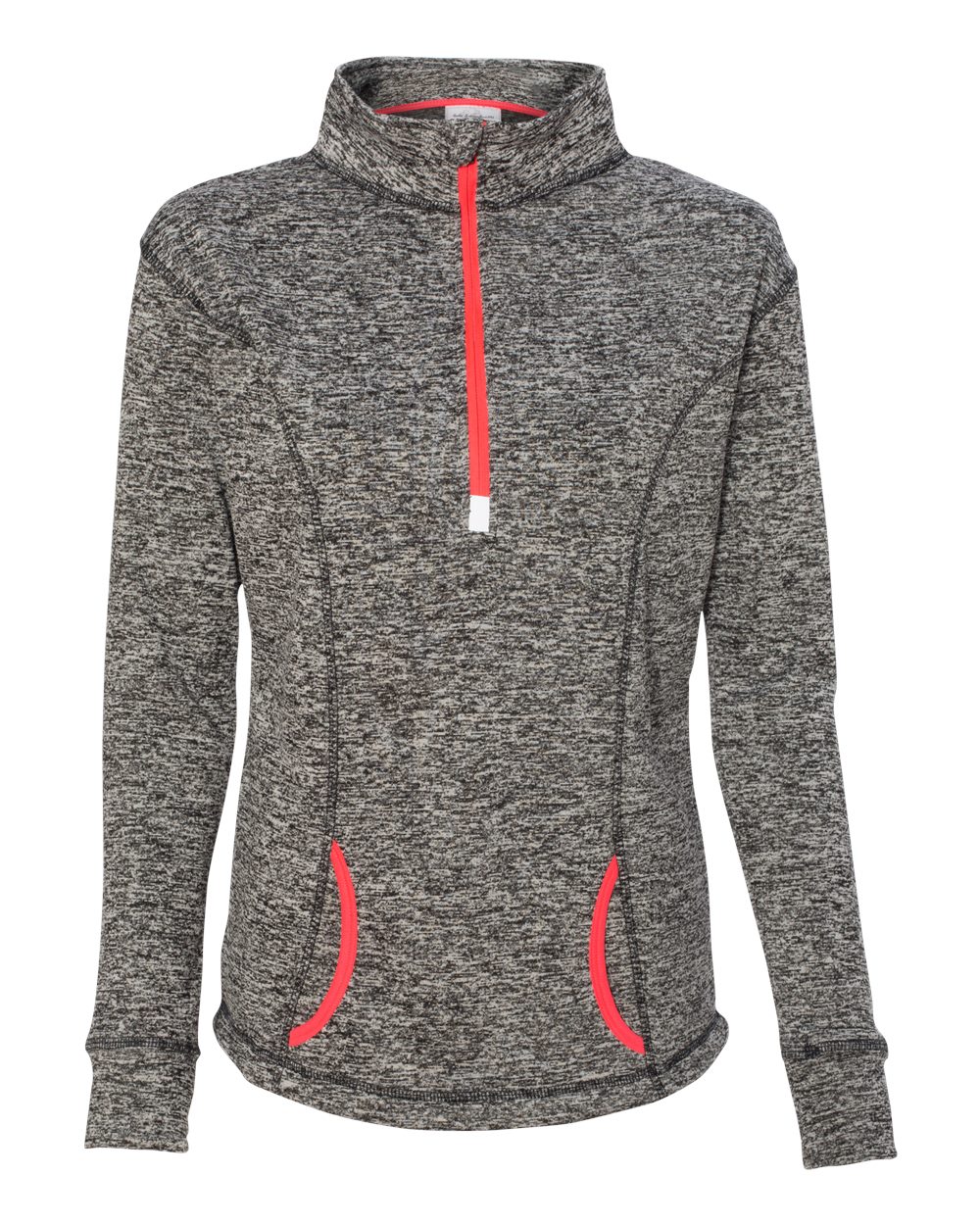 Front View of Charcoal Fleck/ Fire Coral Women's Cosmic Fleece Quarter-Zip Pullover - 8617