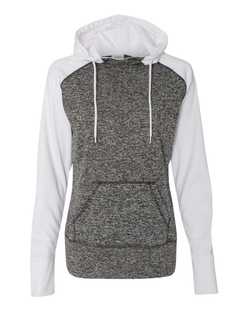 Front View of Charcoal Fleck/ White Women’s Colorblocked Cosmic Fleece Hooded Sweatshirt - 8618
