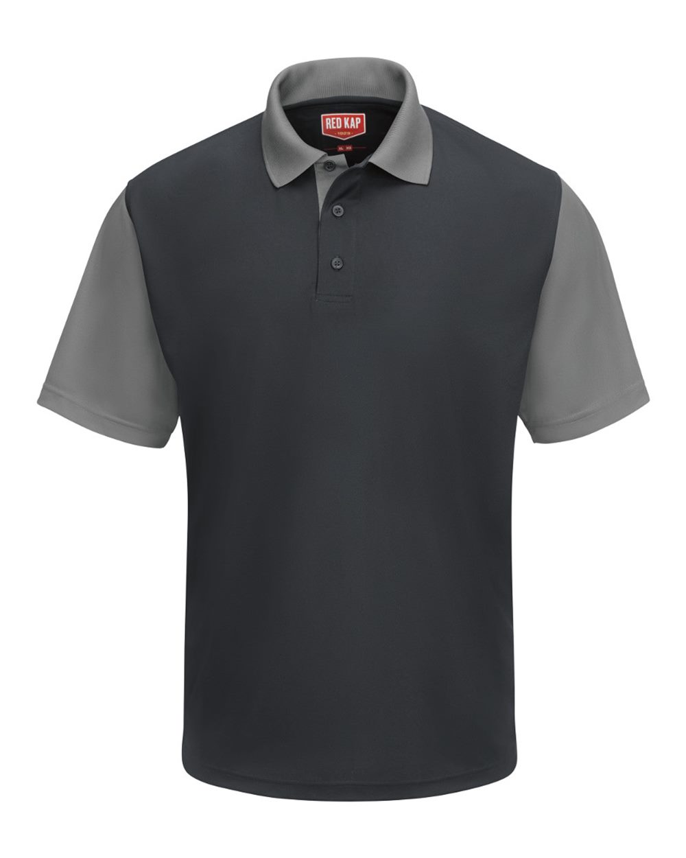 Front View of Charcoal/ Grey Short Sleeve Performance Knit Color-Block Polo - SK56