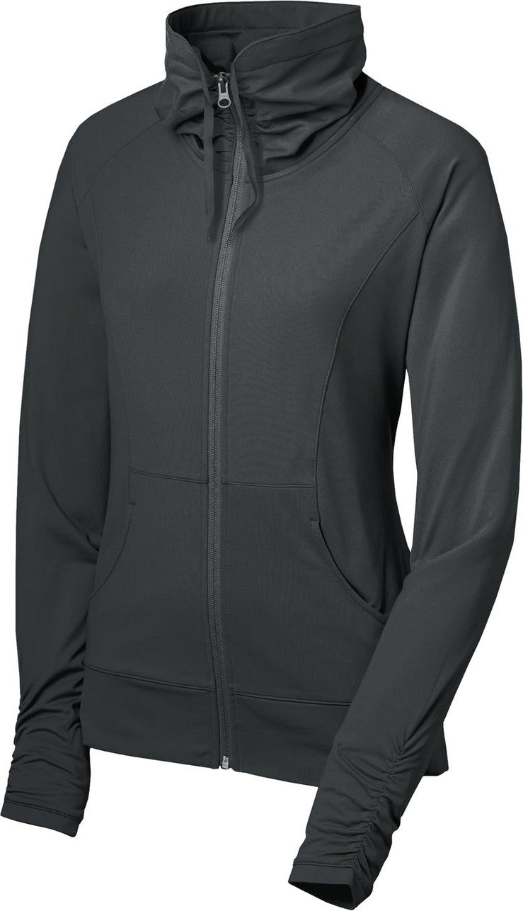 Front View of Charcoal Grey Sport-Tek Women's Sport-Wick Stretch Full-Zip Jacket. LST852