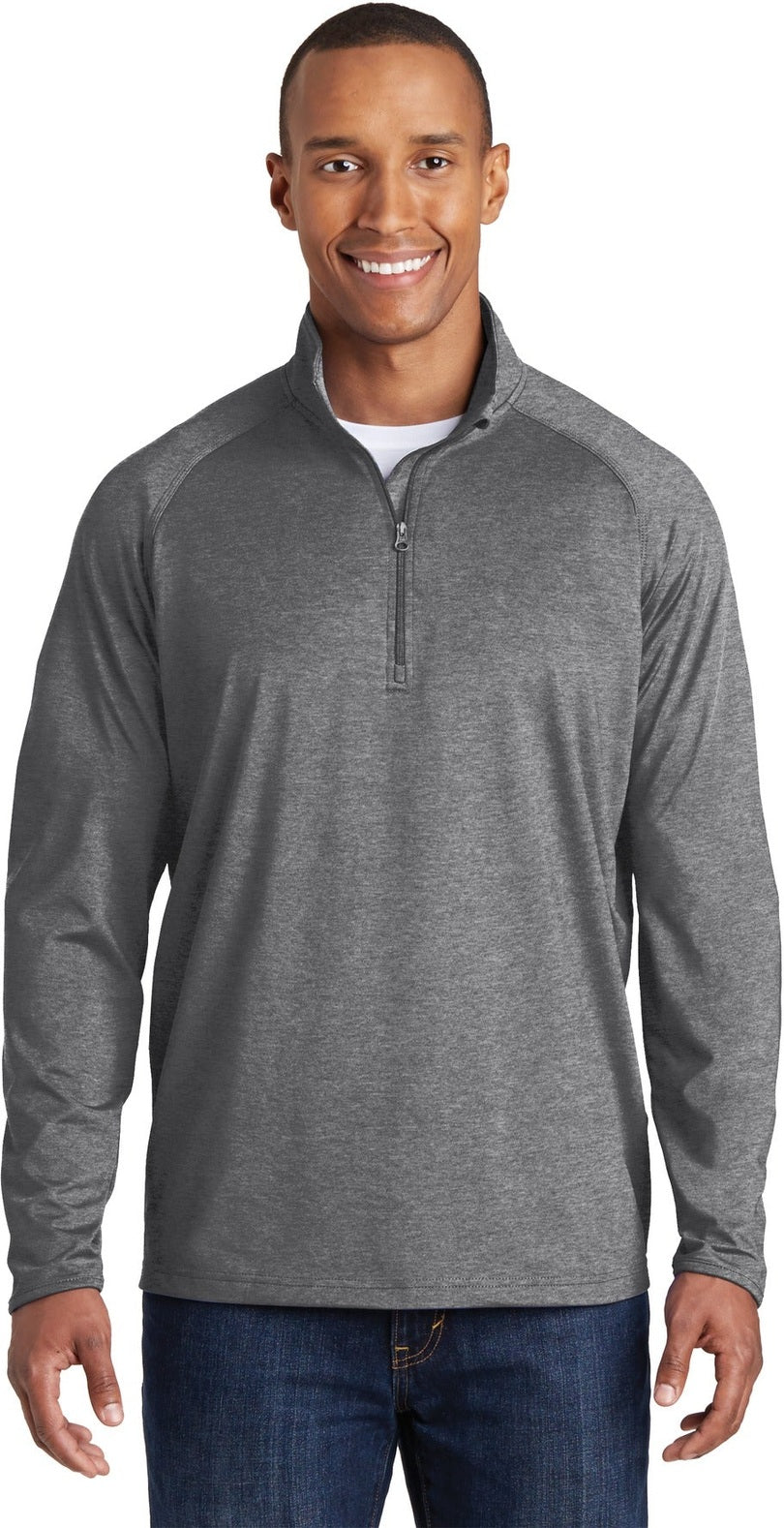 Front View of Charcoal Gy He Sport-Tek Tall Sport-Wick Stretch 1/4-Zip Pullover. TST850