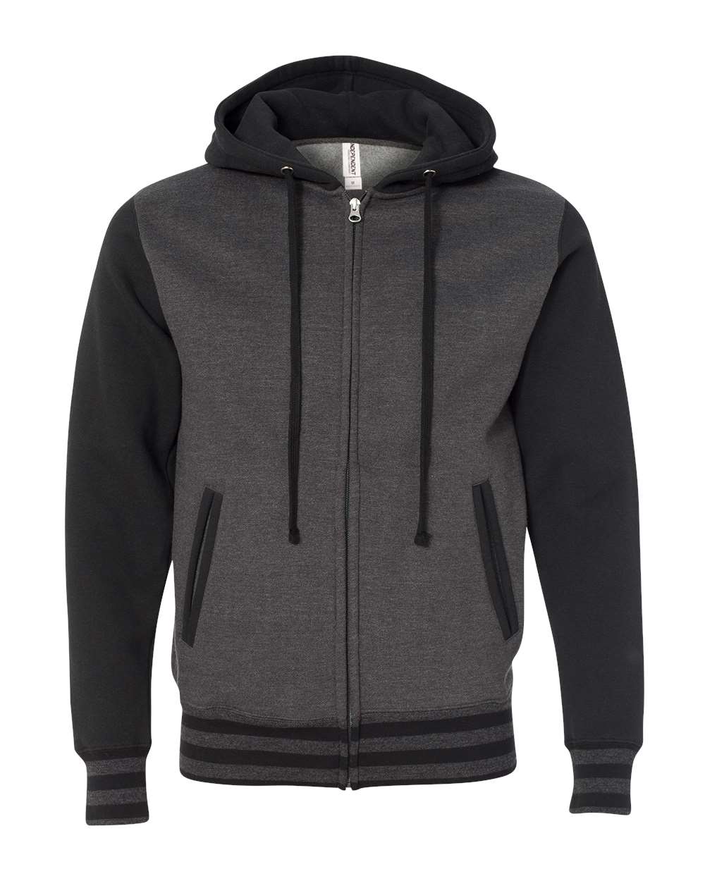Front View of Charcoal Heather/ Black Heavyweight Varsity Full-Zip Hooded Sweatshirt - IND45UVZ