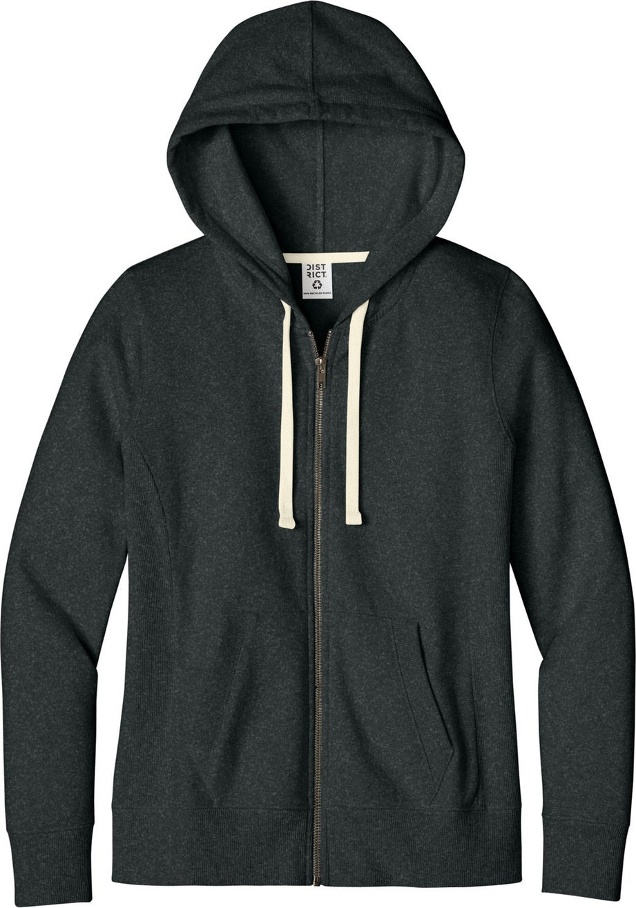 Front View of Charcoal Hthr District Women's Re-Fleece Full-Zip Hoodie DT8103