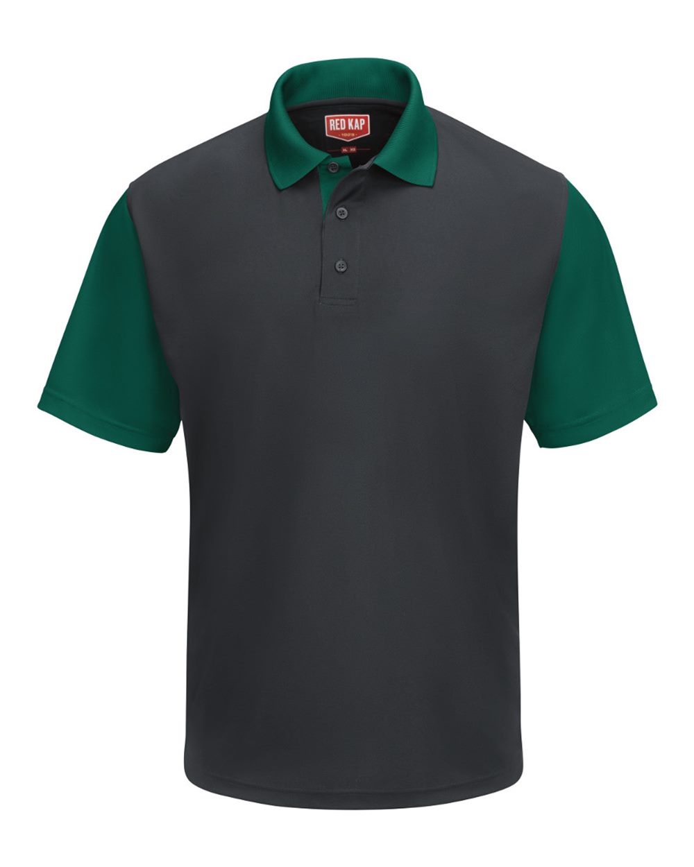 Front View of Charcoal/ Hunter Green Short Sleeve Performance Knit Color-Block Polo - SK56