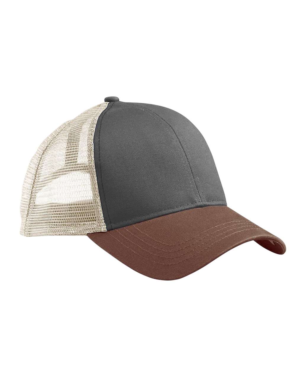 Front View of Charcoal/ Legacy Brown/ Oyster Eco Trucker Cap - EC7070