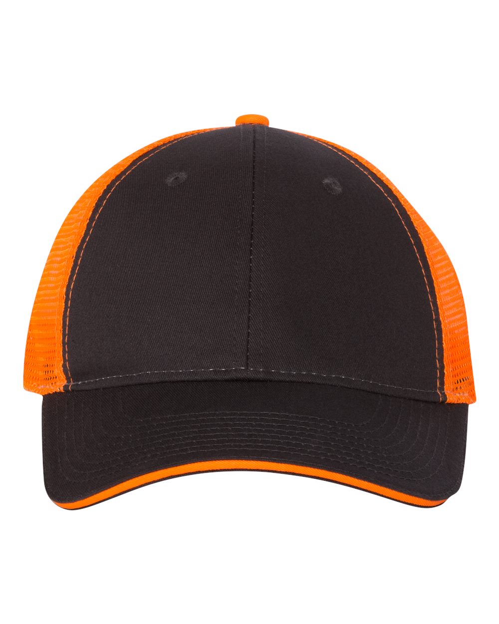 Front View of Charcoal/ Neon Orange Sandwich Trucker Cap - S102