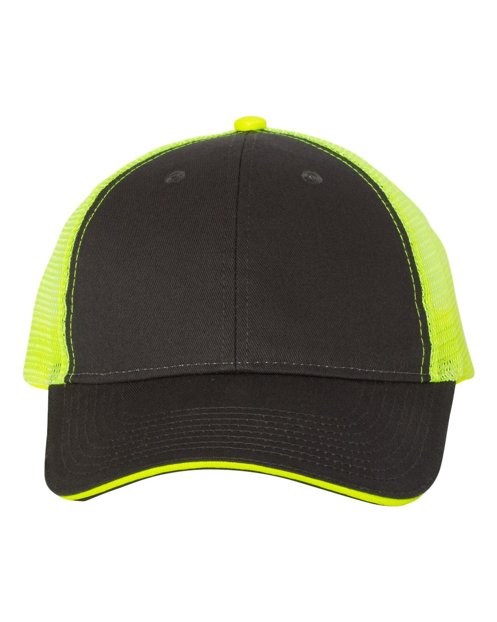 Front View of Charcoal/ Neon Yellow Sandwich Trucker Cap - S102