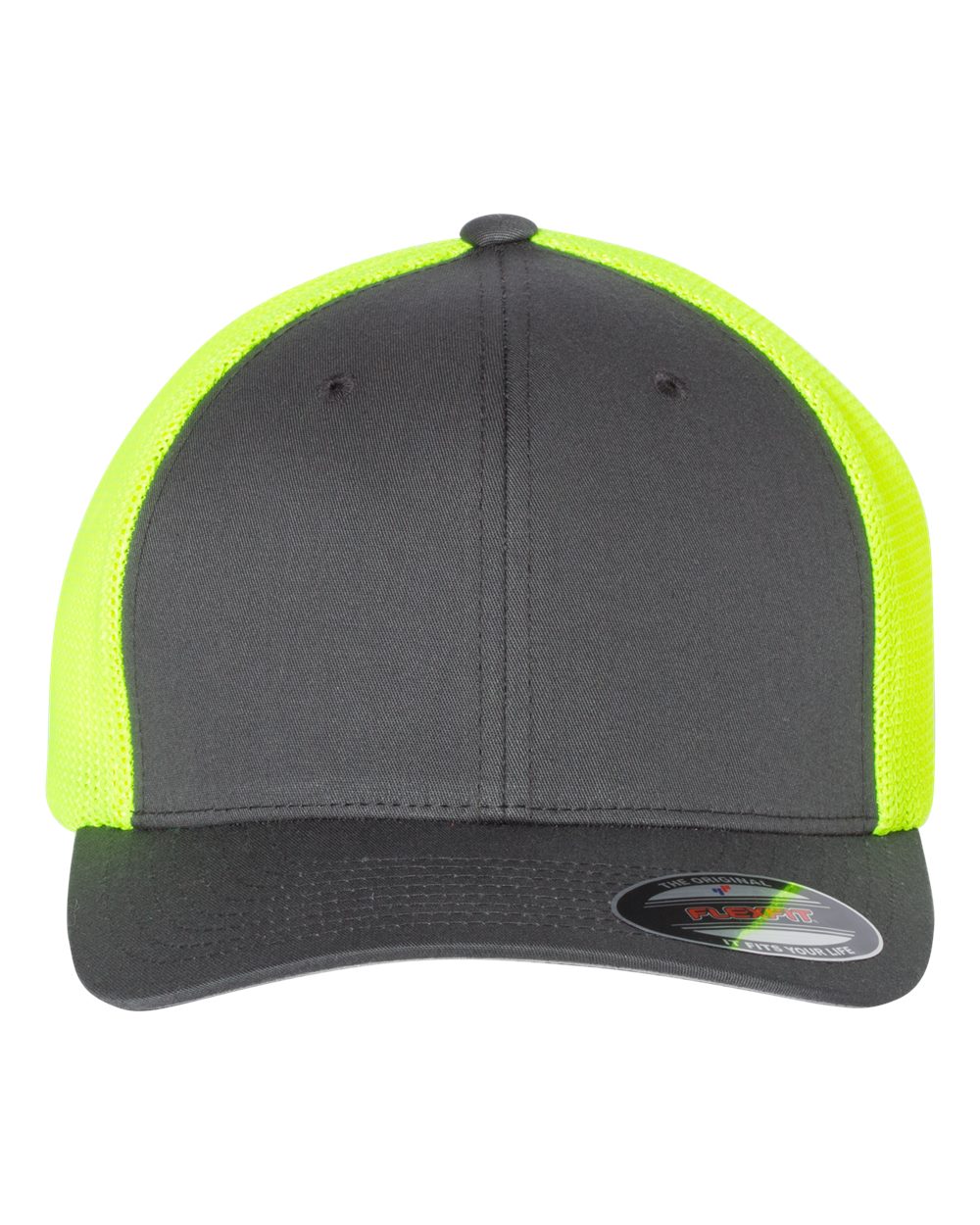 Front View of Charcoal/ Neon Yellow Trucker Cap - 6511