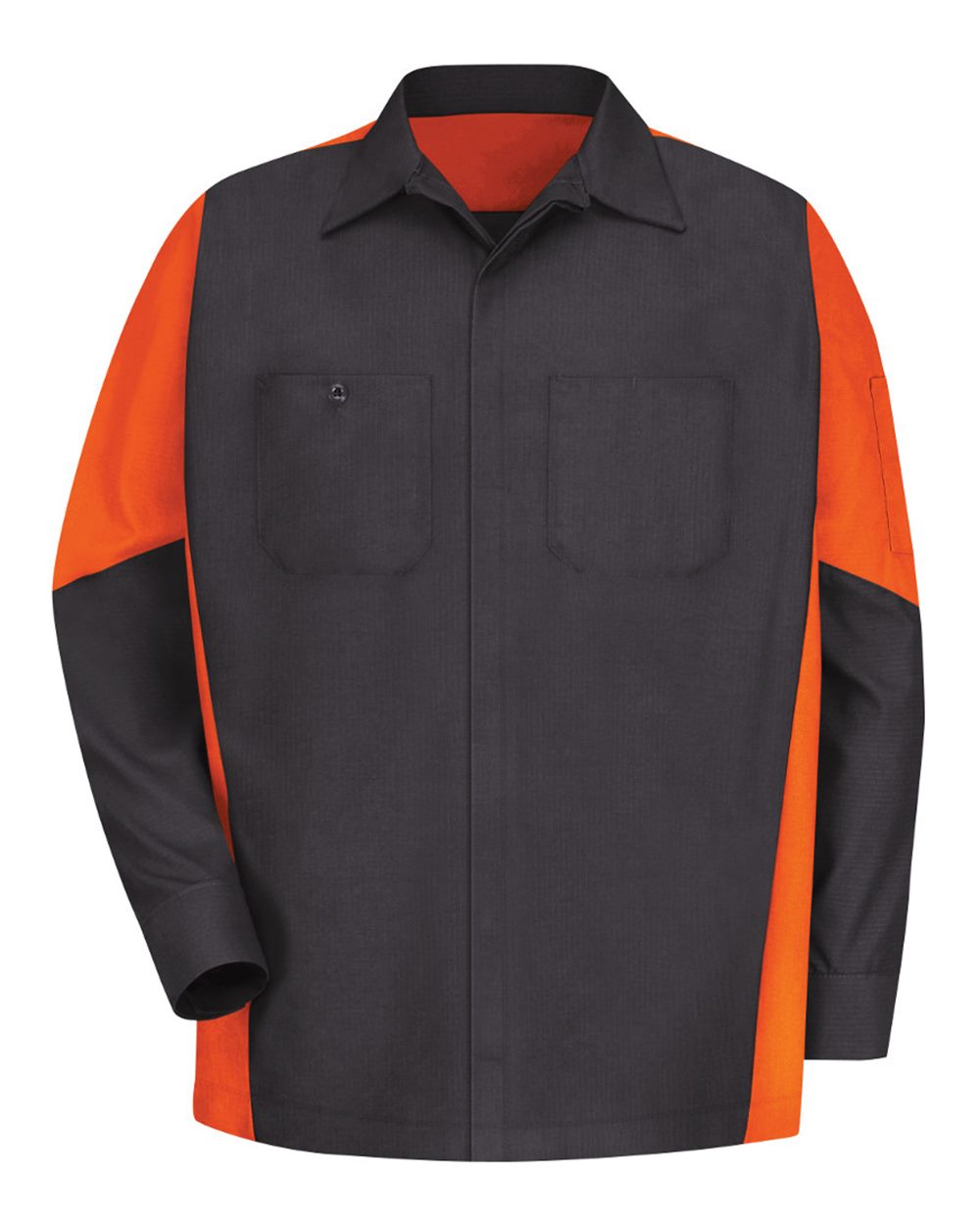 Front View of Charcoal/ Orange Long Sleeve Automotive Crew Shirt - SY10