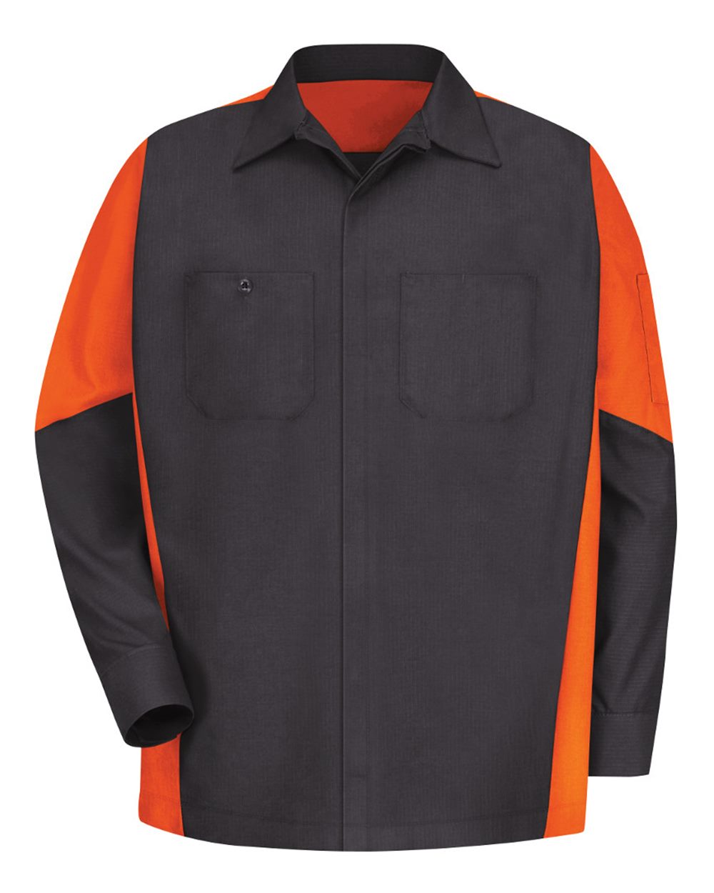 Front View of Charcoal/ Orange Long Sleeve Automotive Crew Shirt - Tall Sizes - SY10T