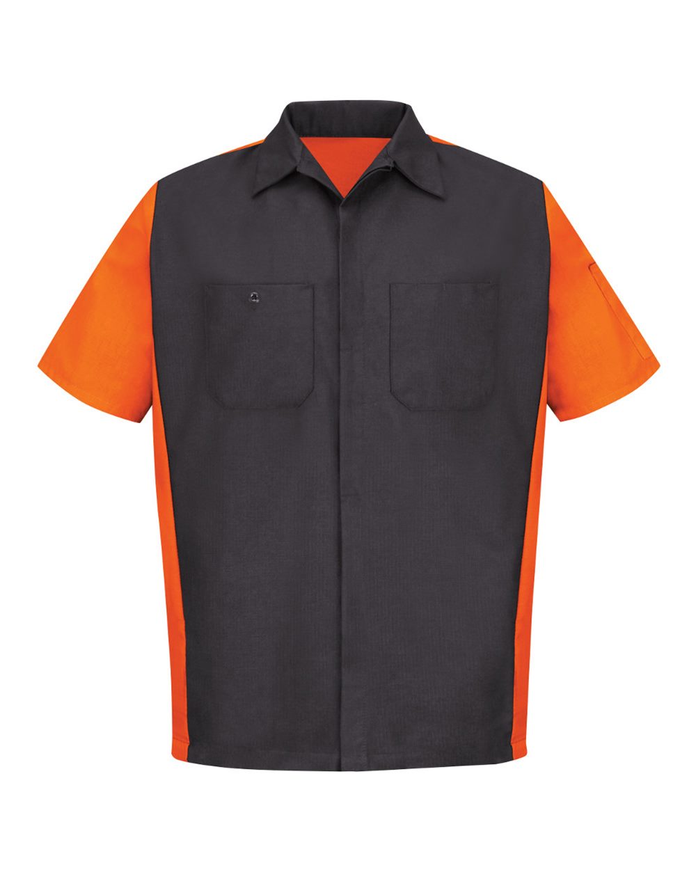 Front View of Charcoal/ Orange Short Sleeve Automotive Crew Shirt - SY20