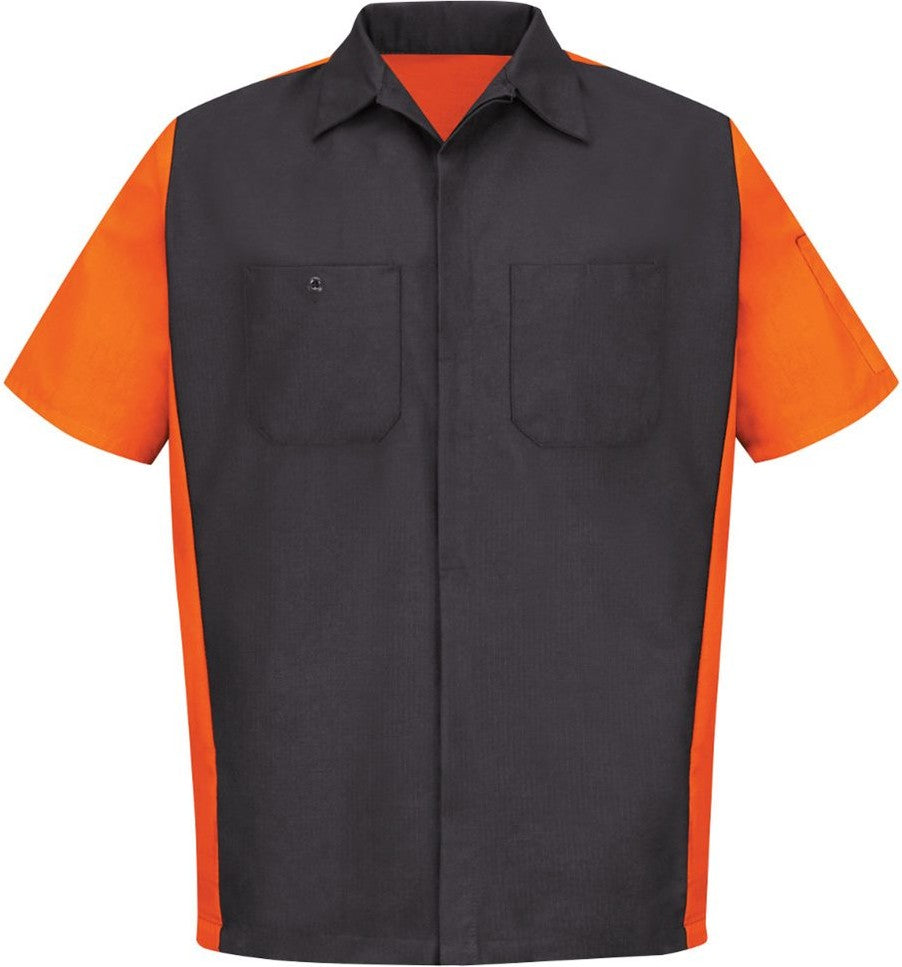 Front View of Charcoal/ Orange Short Sleeve Automotive Crew Shirt - Tall Sizes - SY20T