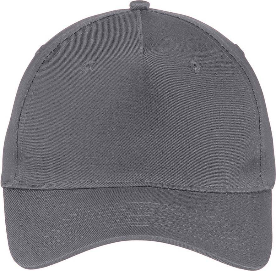 Front View of Charcoal Port Authority Five-Panel Twill Cap. CP86