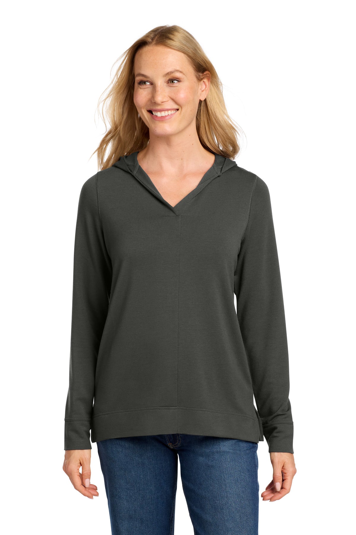 Front View of Charcoal Port Authority Women's Microterry Pullover Hoodie LK826
