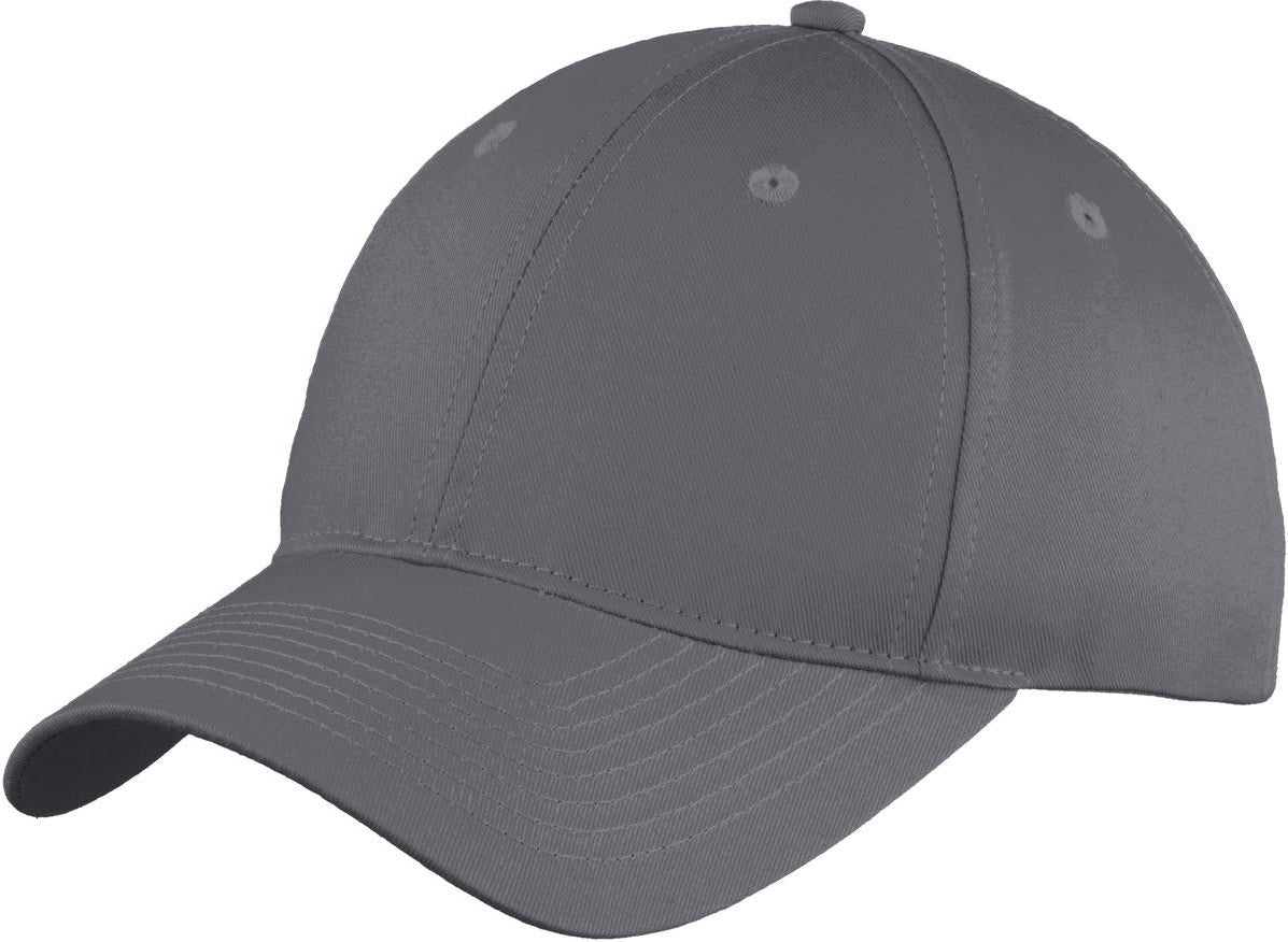 Front View of Charcoal Port Authority Youth Six-Panel Unstructured Twill Cap. YC914