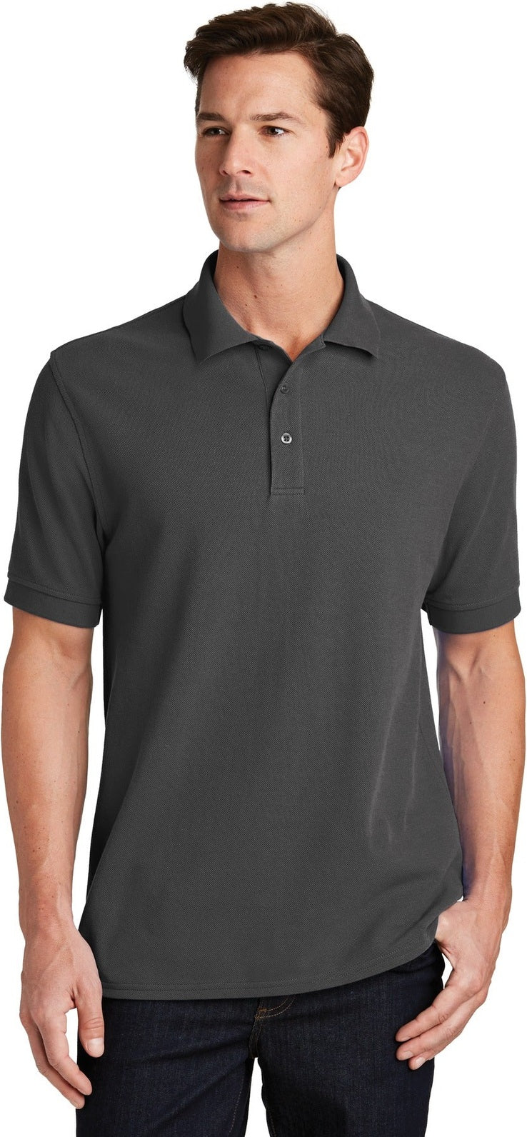 Front View of Charcoal Port & Co Combed Ring Spun Pique Polo. KP1500
