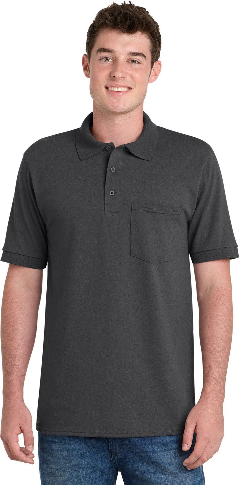 Front View of Charcoal Port & Co Core Blend Jersey Knit Pocket Polo. KP55P