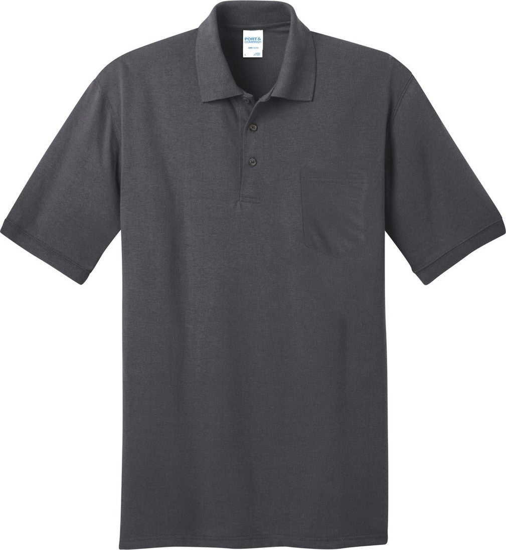 Front View of Charcoal Port & Co Core Blend Jersey Knit Pocket Polo. KP55P