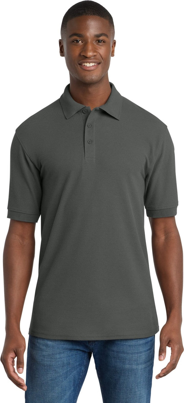 Front View of Charcoal Port & Co Core Blend Pique Polo. KP155