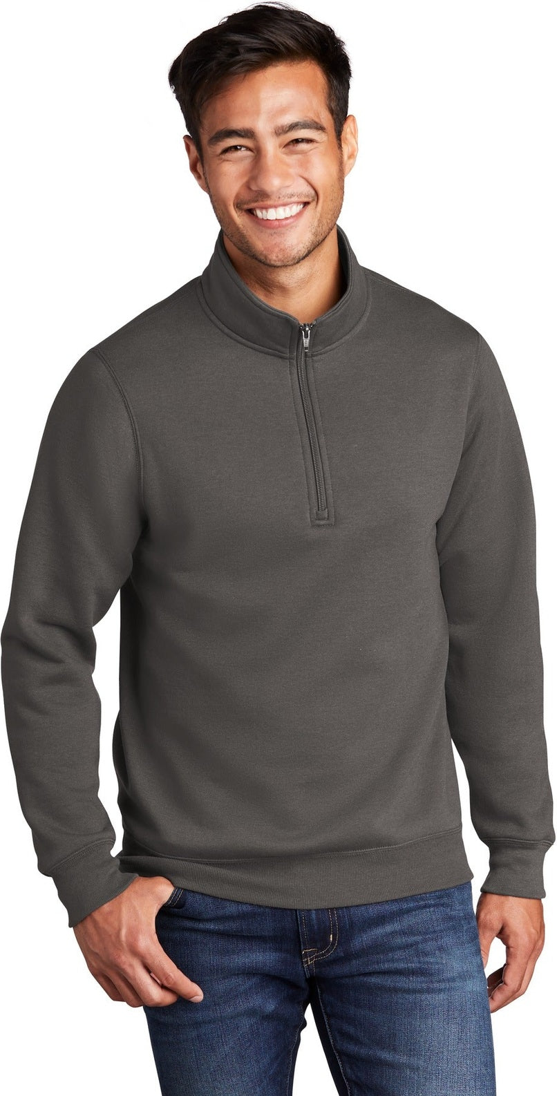 Front View of Charcoal Port & Co Core Fleece 1/4-Zip Pullover Sweatshirt PC78Q