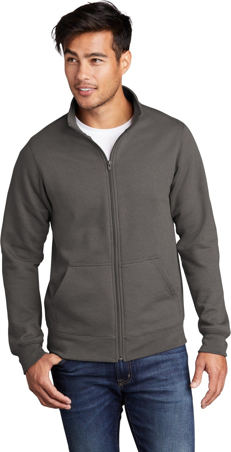 Front View of Charcoal Port & Co Core Fleece Cadet Full-Zip Sweatshirt PC78FZ