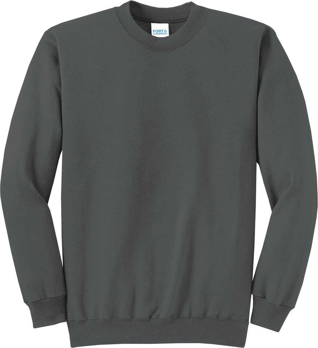 Front View of Charcoal Port & Co Core Fleece Crewneck Sweatshirt. PC78